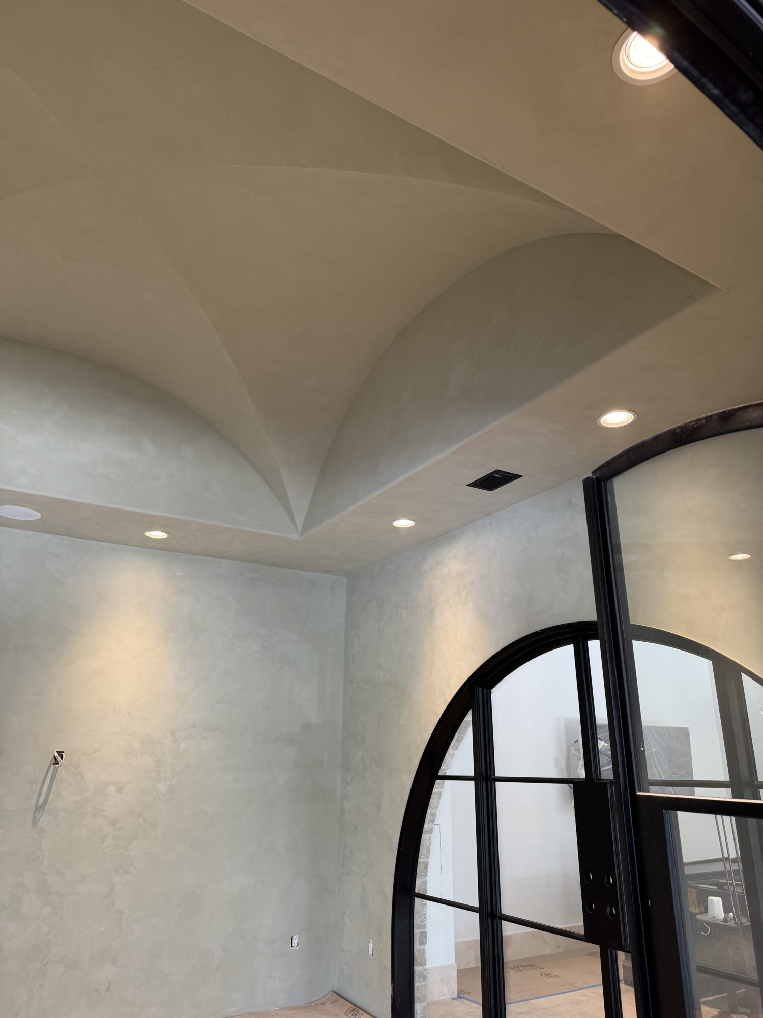 venetian plaster accent wall with arched ceiling and door