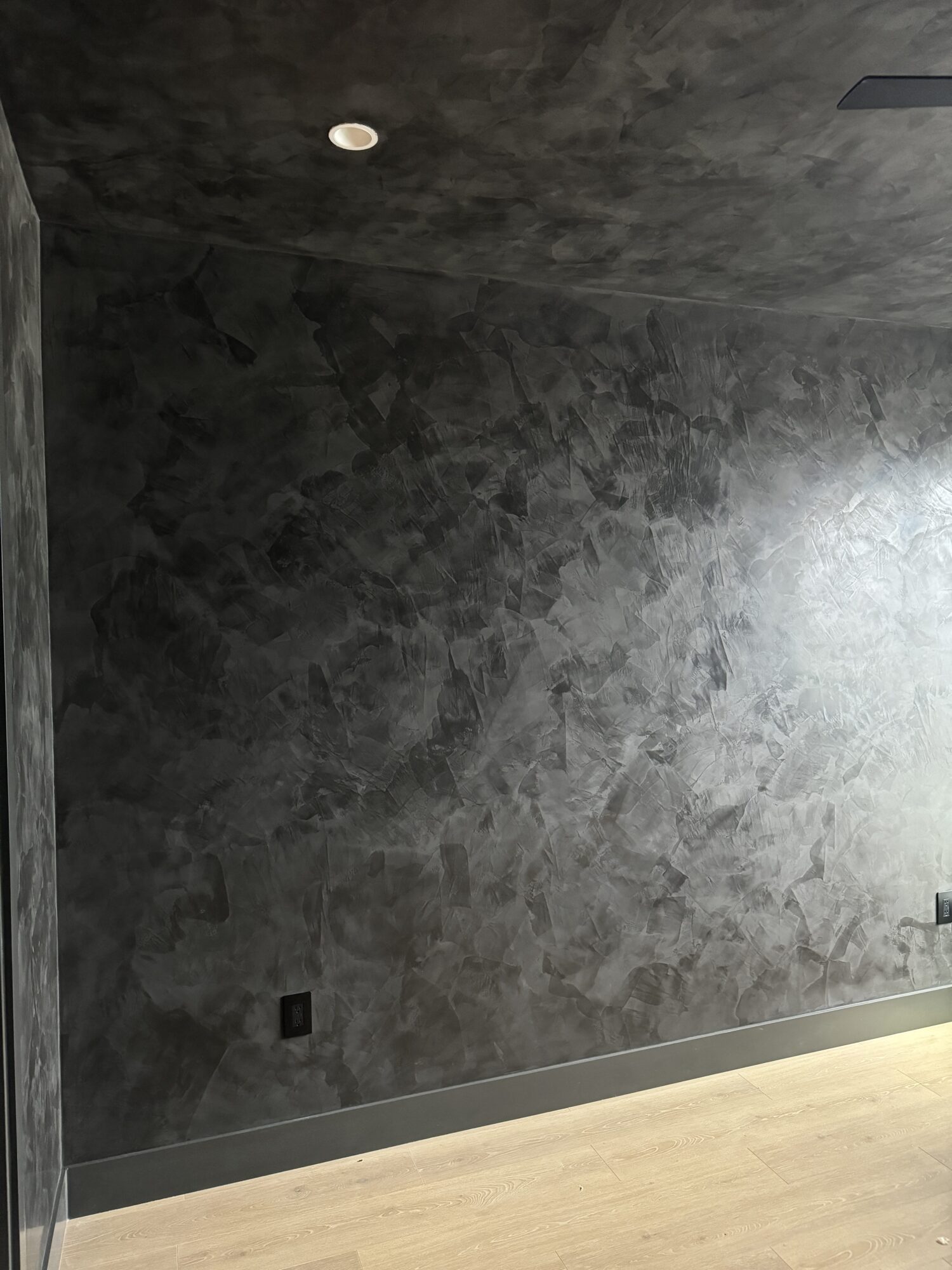 venetian plaster dark accent wall and ceiling in modern room
