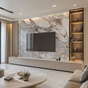 venetian plaster marble accent wall with TV and shelves in living room