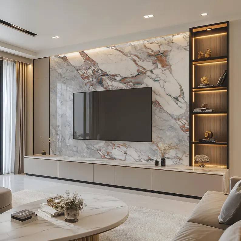 venetian plaster marble accent wall with TV and shelves in living room