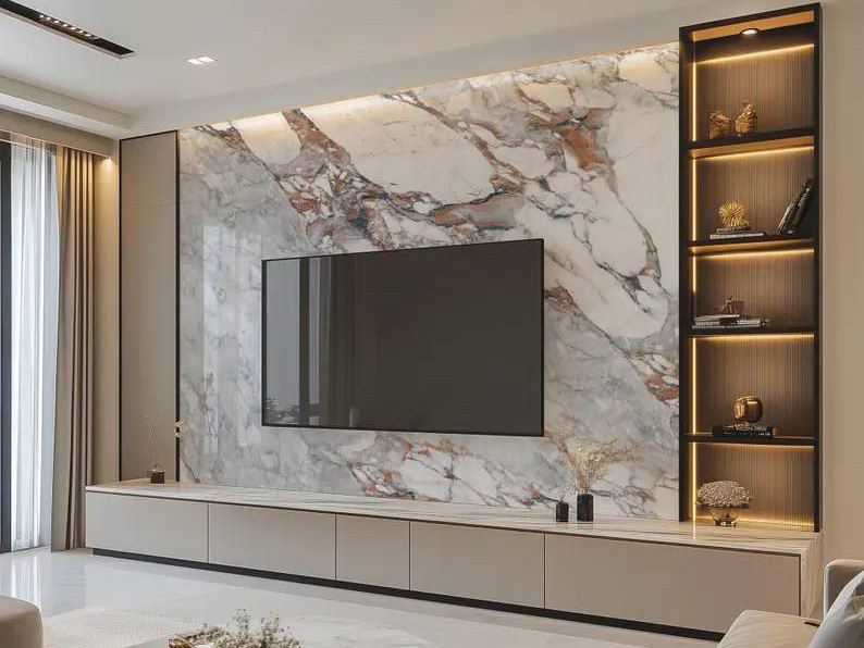 venetian plaster marble accent wall with TV in living room